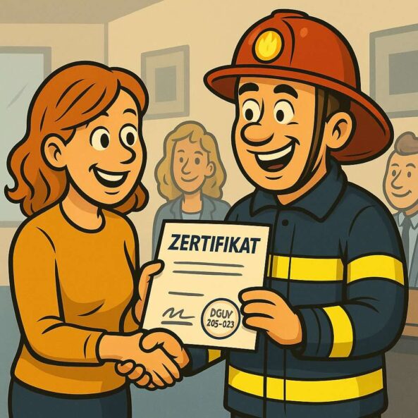 Illustration zeigt Teilnehmerin und Teilnehmer, die stolz ihr Zertifikat nach DGUV 205-023 aus dem Brandschutzhelfer Lehrgang hochhalten – Symbol für rechtliche Sicherheit und erfolgreiche Schulung