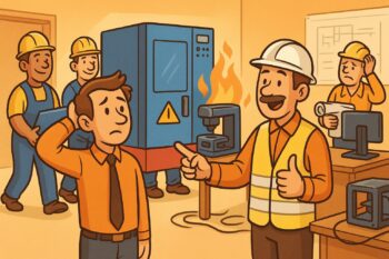 Neue Maschine im Büro, Ausbilder zeigt darauf – Brandschutzhelfer Nachschulung bei neuen Arbeitsprozessen, Technik oder Gebäuden notwendig.