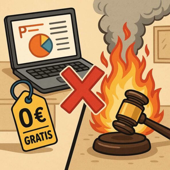 Cartoon: Laptop mit gratis PowerPoint-Folie links, echtes Feuer und Richterhammer rechts – verdeutlicht: PowerPoint ist im Brandfall und vor Gericht wertlos