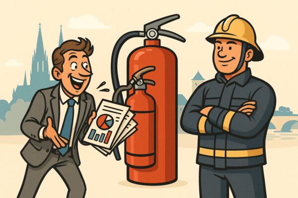 Brandschutzhelfer Schulung Regensburg: Berufsfeuerwehrmann steht gelassen neben großem Feuerlöscher, während ein Verkäufer mit Folien und Diagrammen hektisch gestikuliert – im Hintergrund Regensburger Dom und Steinerne Brücke.
