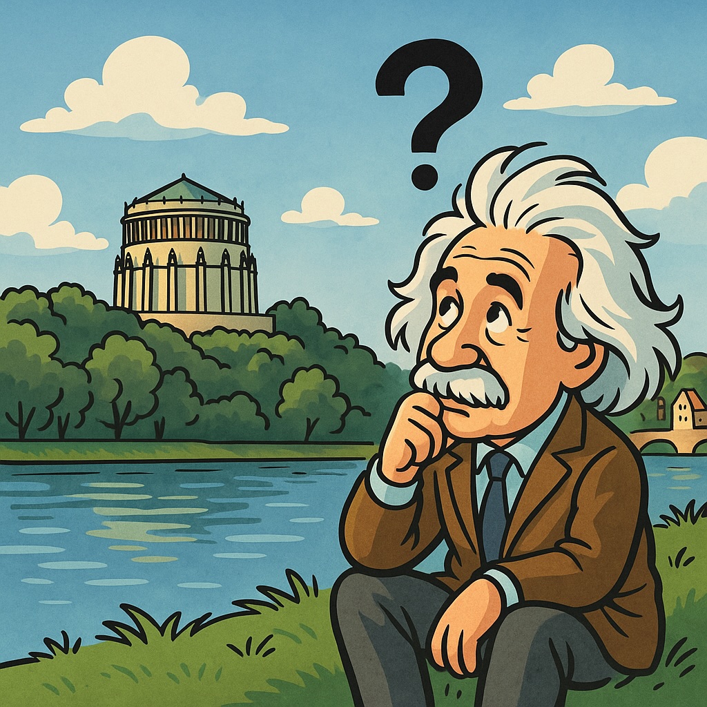 Brandschutzhelfer Schulung Regensburg: Comic-Einstein sitzt verträumt am Donauufer mit Blick auf die Befreiungshalle in Kelheim, über seinem Kopf schwebt ein Fragezeichen.