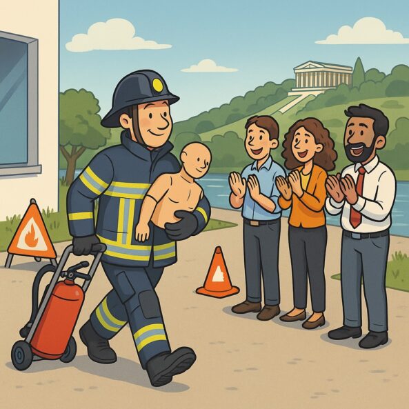 Brandschutzhelfer Schulung Regensburg: Feuerwehrmann trägt eine Übungspuppe und zieht einen Feuerlöscher auf Wagen, während applaudierende Mitarbeitende zuschauen. Im Hintergrund die Walhalla als Wahrzeichen.