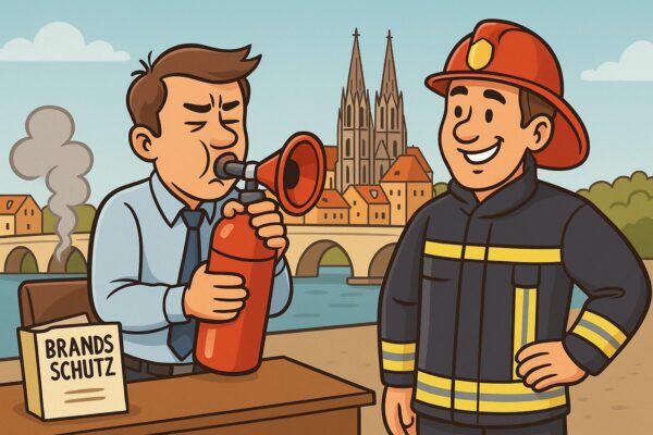 Lustige Szene zur Brandschutzhelfer Schulung Regensburg: Büroangestellter versucht, einen Feuerlöscher wie eine Trompete zu benutzen, während ein Feuerwehrmann lachend zuschaut – im Hintergrund der Regensburger Dom und die Steinerne Brücke.