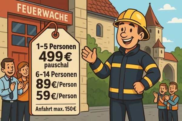 Brandschutzhelfer Schulung: Feuerwehrmann präsentiert großes Preisschild mit klaren Schulungspreisen vor einer Feuerwache, im Hintergrund das Ostentor als Wahrzeichen von Regensburg.“