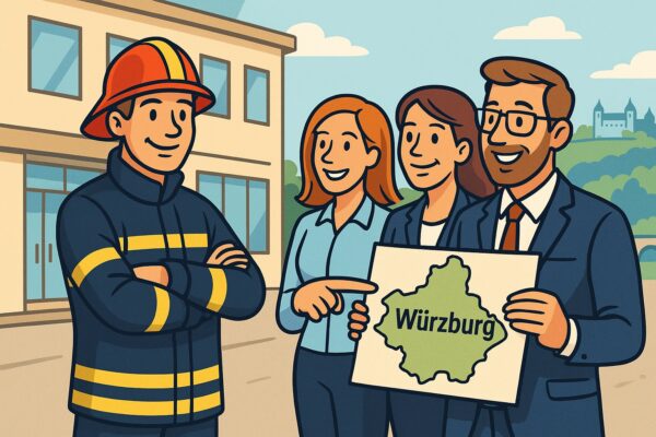 Brandschutzhelfer Schulung Würzburg – Berufs-Feuerwehrmann erklärt Mitarbeitenden den Vorteil der Einsatzerfahrung.