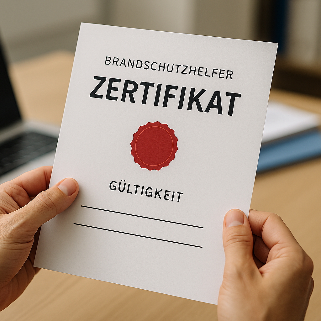 Brandschutzhelfer Zertifikat Gültigkeit – realistisches Foto eines Zertifikats mit rotem Siegel in Händen gehalten.