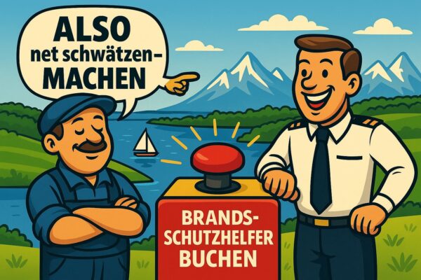 Comic: schwäbischer Handwerker sagt ‚ALSO net schwätzen – MACHEN‘, Feuerwehrmann drückt großen roten Notfallknopf ‚Brandschutzhelfer buchen‘, im Hintergrund Bodensee