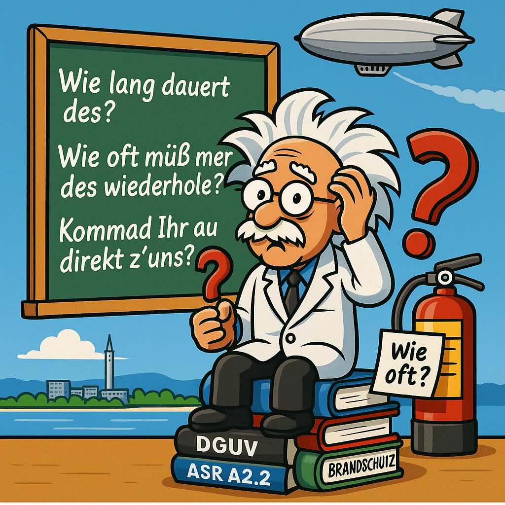 Comic im Einstein-Stil: verrückter Professor mit Fragezeichen vor Tafel voller Fragen zur Brandschutzhelfer Schulung Baden-Württemberg, im Hintergrund Zeppelin über Friedrichshafen.