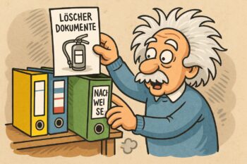 Mitarbeiter legt Feuerlöscher-Dokumente in einen grünen Ordner mit der Aufschrift Nachweise