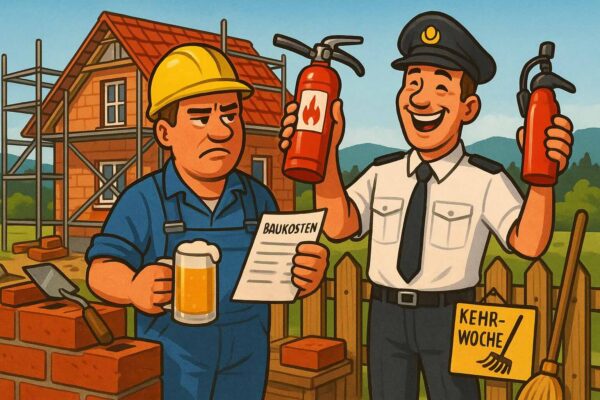 Comic Hero Bild: schwäbischer Häuslebauer mit Baukosten-Zettel neben Berufsfeuerwehrmann mit Feuerlöscher von der Brandschutzhelfer Schulung Baden-Württemberg