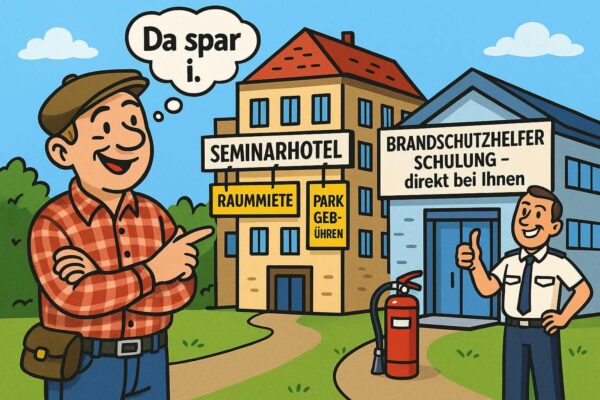 Comic: lächelnder Schwabe denkt ‚Da spar i‘ und zeigt auf Inhouse Brandschutzhelfer Schulung in Baden-Württemberg, neben ihm Feuerwehrmann, im Hintergrund teures Seminarhotel