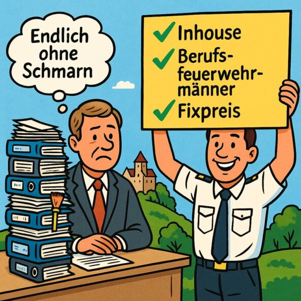Comic: schwäbischer Geschäftsmann vor Aktenordnern, daneben Feuerwehrmann mit Schild ‚Inhouse, Berufsfeuerwehrmänner, Fixpreis‘, im Hintergrund Burg in Hohenlohe – Vorteile Brandschutzhelfer Schulung Baden-Württemberg.
