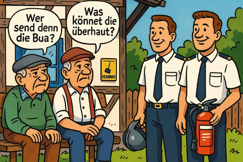 Comic: zwei ältere Schwaben sitzen auf einer Bank und fragen knorrig: ‚Wer send denn die Bua?‘, daneben zwei Berufsfeuerwehrmänner mit Feuerlöscher und Helm