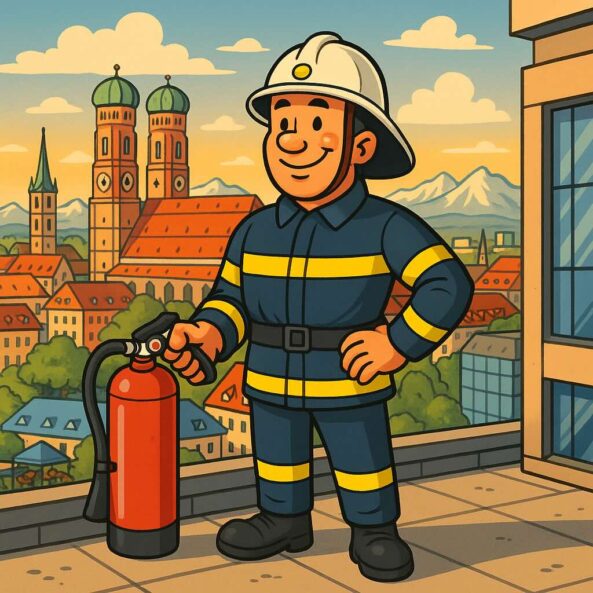 Brandschutzhelfer Ausbildung München – Feuerwehrmann mit Feuerlöscher läuft lächelnd durch die Stadt mit Blick auf die Frauenkirche