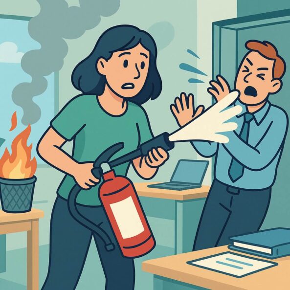 Brandschutzhelfer haftbar – Brandschutzhelferin hält Feuerlöscher verkehrt herum und löscht versehentlich ihren Kollegen statt des Feuers, humorvolle Illustration (KI-generiert)