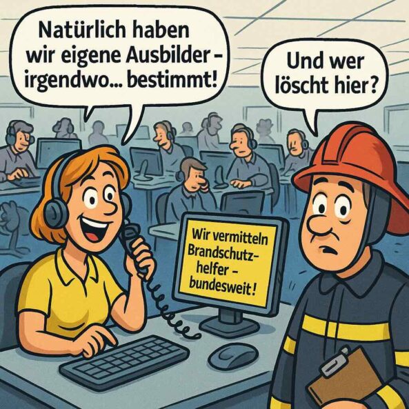 Comic-Illustration zeigt eine Callcenter-Zentrale mit Mitarbeitenden an Headsets, auf deren Bildschirmen steht „Wir vermitteln Brandschutzhelfer – bundesweit!“. Eine Zentrale Brandschutz-Agentin sagt lachend: „Natürlich haben wir eigene Ausbilder – irgendwo … bestimmt!“. Ein Feuerwehrmann schaut verwirrt. Heller, humorvoller Comic-Stil, KI-generiert.