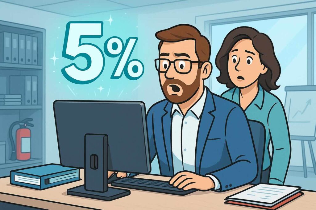 Überraschter Unternehmer sieht auf Monitor mit wachsenden 5 Prozent bei der Berechnung der Brandschutzhelfer Anzahl nach ASR A2.2. Comic-Bild.