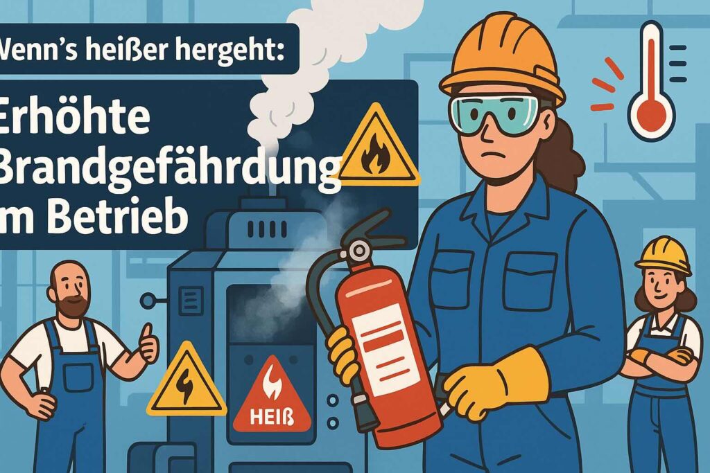 Techniker steht mit Feuerlöscher vor rauchender Maschine – Symbolbild für erhöhte Brandgefährdung und Bedarf an zusätzlichen Brandschutzhelfern. Comic-Bild