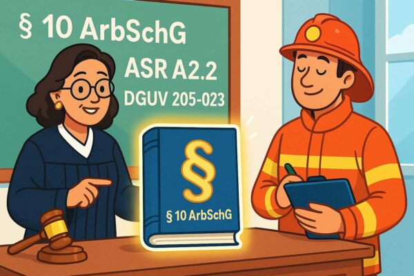 Comic-Richterin zeigt auf Gesetzbuch § 10 ArbSchG, daneben Feuerwehrmann mit Klemmbrett – Symbolbild für gesetzliche Grundlage der 5 %-Regel im Brandschutz