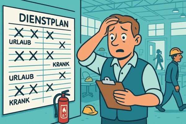 Schichtleiter blickt auf Dienstplan mit vielen abwesenden Mitarbeitern – Symbolbild für Schichtbetrieb und Urlaub bei der Berechnung der Brandschutzhelfer Anzahl. Comic Bild.