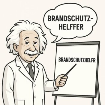 Brandschutzhelfer zeigt auf eine Tafel mit dem Wort Brandschutzhelfer – Comic Stil.