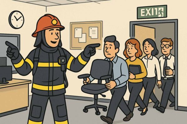 Brandschutzhelfer Comic-Illustration zeigt einen Berufsfeuerwehrmann, der eine Evakuierungsübung in einem modernen Büro anleitet. Mitarbeitende verlassen geordnet das Gebäude, einer trägt seinen Bürostuhl, eine andere winkt mit dem Laptop. Der Grundstein dazu liegt im § 10 ArbSchG. Heller Hintergrund, humorvolle Darstellung, KI-generiert.