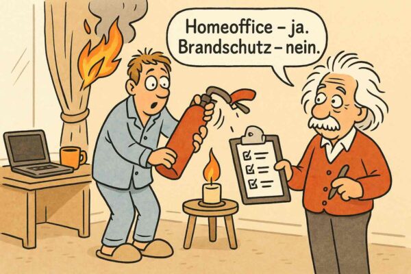 Homeoffice-Comic-Illustration zeigt einen Mann im Pyjama und Pantoffeln, der in seinem Homeoffice einen Feuerlöscher verkehrt herum hält. Hinter ihm brennt ein Vorhang, entzündet von einer Duftkerze. Ein Brandschutzhelfer-Albert steht daneben, hält eine Checkliste mit der Aufschrift: „Homeoffice – ja. Brandschutz – nein.“ Heller, humorvoller Comic-Stil, KI-generiert.