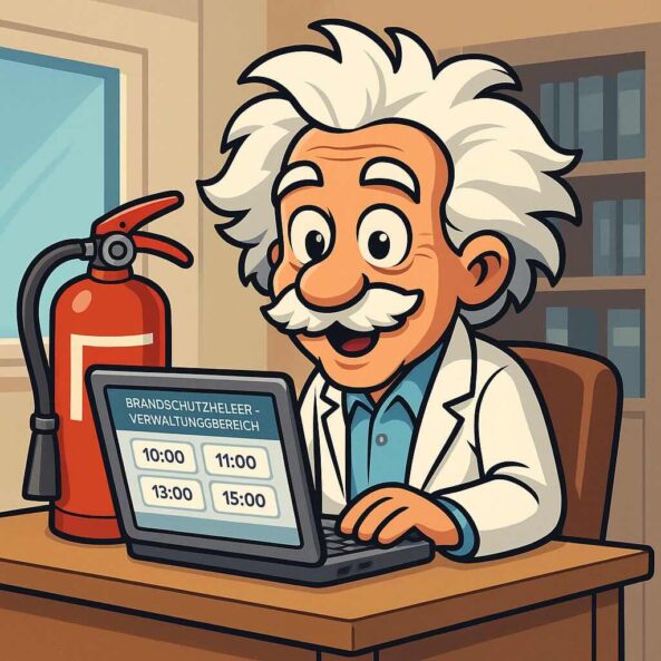 Einstein-Comicfigur bucht im Online-Kalender einen Termin für den Brandschutzhelfer-Lehrgang – freie Termine zwischen 10 und 15 Uhr (KI-generiertes Bild)