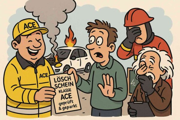 Pannenhelfer, der einem erstaunten Autofahrer stolz ein Zertifikat mit der Aufschrift „Löschschein Klasse ACE“ überreicht. Im Hintergrund brennt der Motor leicht, ein Feuerwehrmann hält sich beschämt den Helm vor das Gesicht, während Einstein mit einem Klemmbrett Notizen macht. Comic-Illustration zeigt helle, freundliche Farben, humorvoll, KI-generiert.