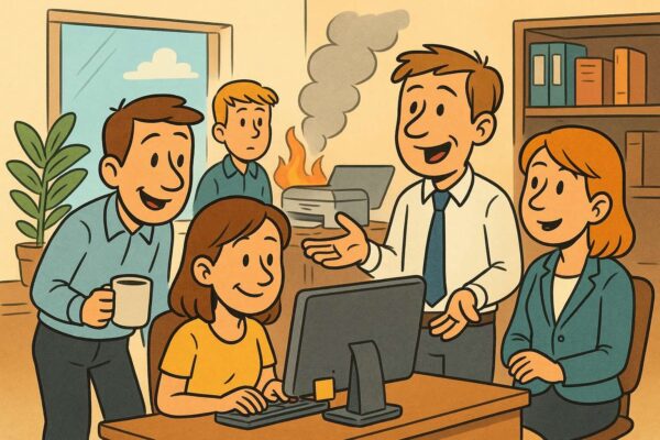 Comic: Vier Personen arbeiten konzentriert in einem kleinen Büro, während im Hintergrund unbemerkt leichter Rauch hinter einem Drucker aufsteigt. Humorvolle Darstellung der Brandschutzhelfer-Pflicht.