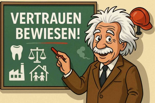 Brandschutzhelfer Referenzen und Vertrauen anhand verschiedener Branchen erklärt. Mit einer Tafel voll Behörden und Amts-Symbolen und mit Feuerwehrhelm im Hintergrund.