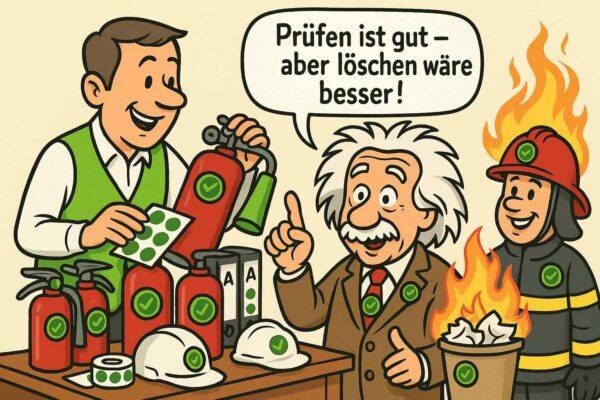 Comic-Illustration zeigt einen Prüfer mit grüner Weste, der stolz grüne Plaketten auf Feuerlöscher, Helme und Dokumente klebt – sogar auf einen brennenden Papierkorb. Alter Mann steht daneben und sagt: „Prüfen ist gut – aber löschen wäre besser!“ Im Hintergrund lacht ein Feuerwehrmann. Heller, humorvoller Comic-Stil, KI-generiert.