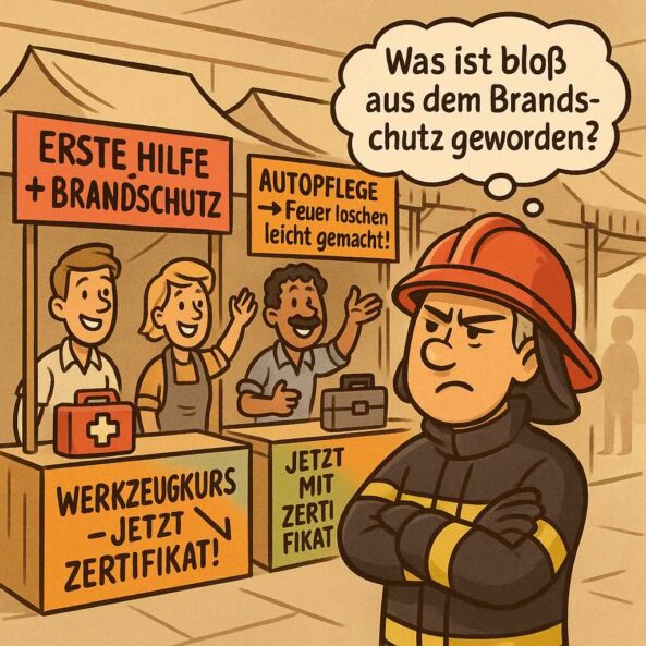 Comic-Illustration zeigt einen Marktplatz mit mehreren Kursständen, die absurde Angebote bewerben – z. B. „Erste Hilfe + Brandschutz“ oder „Autopflege – Feuer löschen leicht gemacht“. In der Mitte steht ein echter Feuerwehrmann mit verschränkten Armen und skeptischem Blick. Helle, humorvolle Szene, KI-generiert.