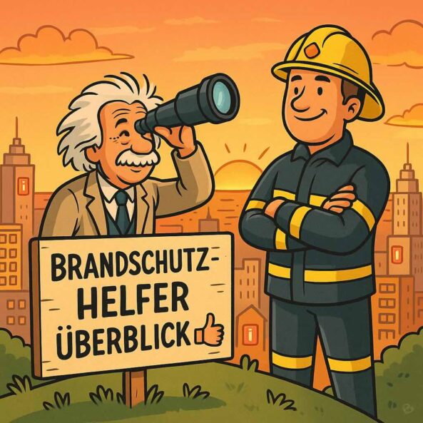 "Brandschutzhelfer Überblick 👍🏼" Ein Schild im Vordergrund trägt diese Aufschrift. Comic Illustration zeigt einen Brandschutzhelfer mit Fernrohr und einen Feuerwehrmann, die auf einer Anhöhe im warmen Sonnenuntergang über eine Stadtlandschaft blicken. Im Hintergrund sind kleine Szenen aus Werkstatt, Büro und Homeoffice zu sehen. KI-generiert.