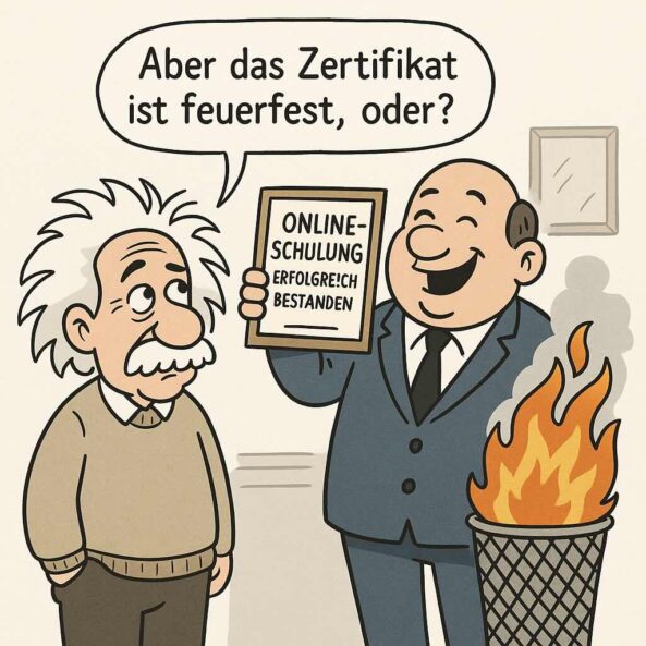 Comic-Illustration zeigt einen Chef, der stolz ein Zertifikat mit der Aufschrift „Online-Schulung erfolgreich bestanden“ hochhält, während hinter ihm ein Papierkorb brennt. Ein Brandschutzhelfer steht daneben, hebt eine Augenbraue und sagt sarkastisch: „Aber das Zertifikat ist feuerfest und kein Alibi, oder?“. Heller Hintergrund, humorvoller Stil, KI-generiert.