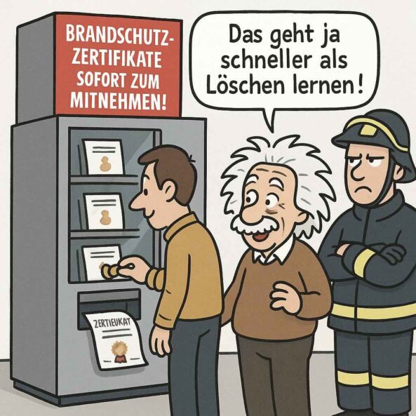 Satirische Comic-Illustration zeigt eine Person, die Münzen in einen Automaten mit der Aufschrift „Brandschutzhelfer-Zertifikate – sofort zum Download!“ einwirft. Ein Zertifikat fällt unten heraus. Der Brandschutzhelfer steht daneben und sagt: „Das geht ja schneller als Löschen lernen!“. Ein Feuerwehrmann im Hintergrund schüttelt den Kopf. Heller Hintergrund, humorvoller Stil, KI-generiert.