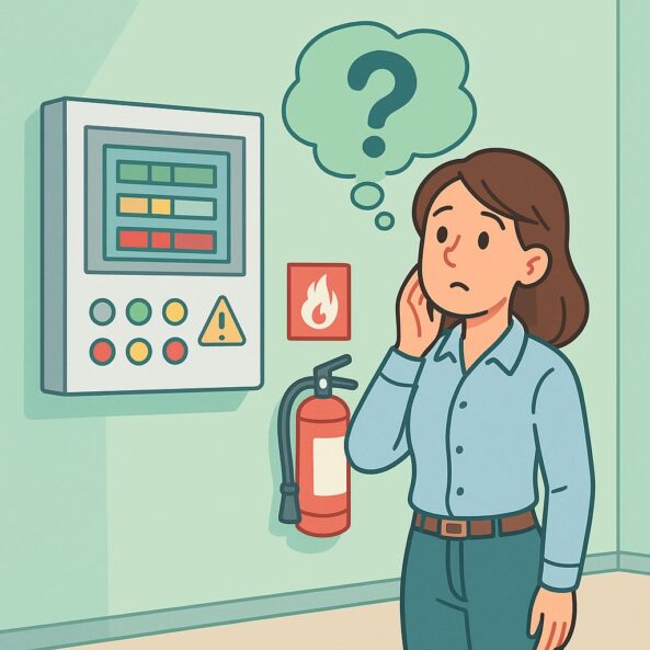 Brandschutzhelferin steht fragend vor der Brandmeldezentrale im FIZ mit Wölkchen-Fragezeichen über dem Kopf, humorvolle Illustration (KI-generiert)