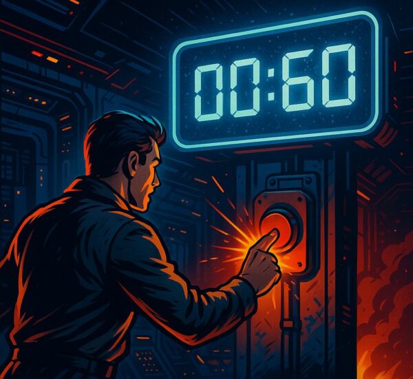 KI-Illustration: Countdown 00:60 und eine Person drückt einen Alarmknopf – Symbol für schnelle Entscheidungen im Brandfall und die Wirkung einer Brandschutzschulung.