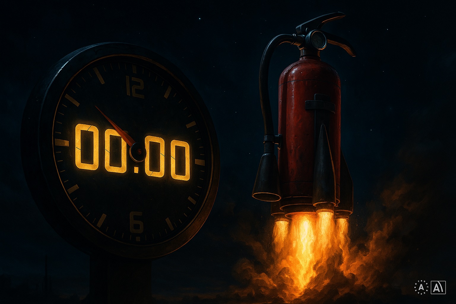 Brandschutzschulung: Start des Seminar Countdowns 00:60 – Alarmknopf, futuristische Szene (KI-generiert)
