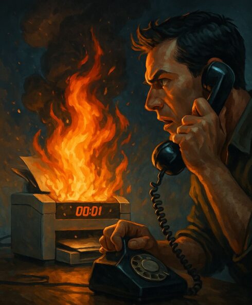 Unterweisung entdeckt einen schmorenden Drucker, Feuerwehr wird per Telefon alarmiert – Brandschutzschulung wirkt (KI-generiert)