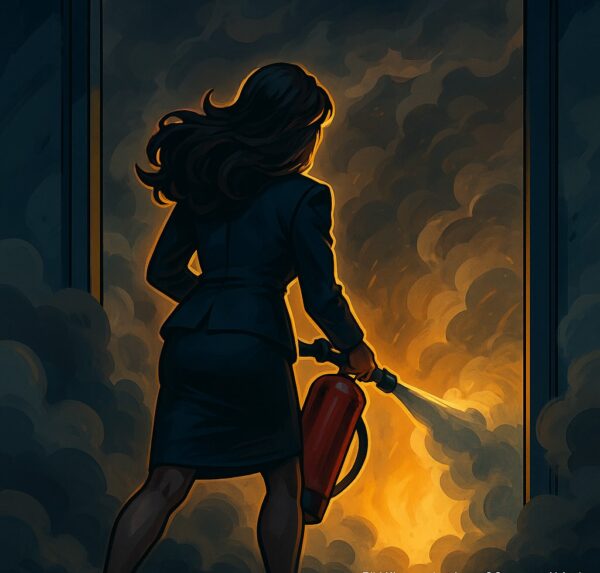 Brandschutzschulung lehrt Besonnenheit statt Panik – Kollegin löscht mit Feuerlöscher: (KI-generiert)