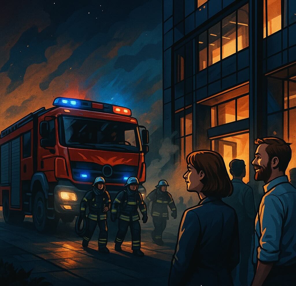 Feuerwehr trifft ein, Lage unter Kontrolle – Brandschutzschulung hat Erfolg (KI-generiert)