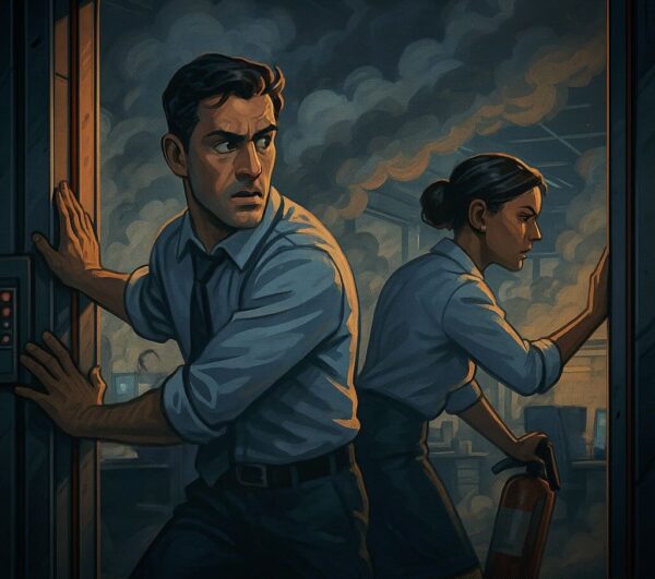 Unterweisungs-Team schließt Türen: Rauch eindämmen, Fluchtwege frei – Brandschutzschulung wirkt (KI-generiert)