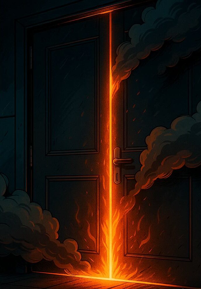 Illustration im Star-Wars-Stil: Geschlossene Bürotür, durch die Ritzen scheint Feuerschein, leichter Rauch tritt aus. KI-generiert.