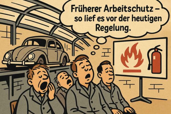 Brandschutzhelfer-Comic-Illustration aus den 1950er Jahren in einer VW-Werkhalle: Mitarbeitende in grauen Mänteln stehen vor einem VW-Käfer am Fließband, wirken müde oder gähnen – humorvolle Darstellung früherer Arbeitsschutz-Unterweisungen, KI-generiert.