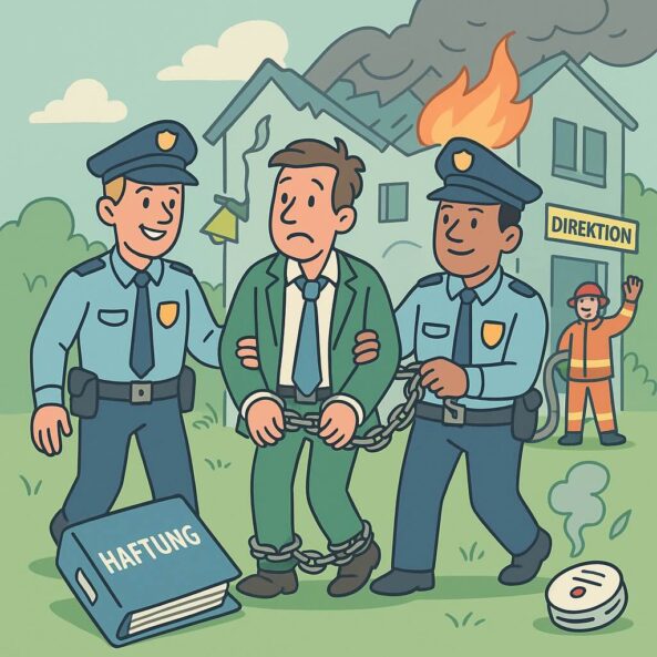 Brandschutzhelfer Haftung humorvoll dargestellt. Cartoon-Illustration (KI-generiert)