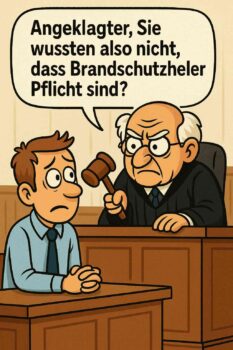 Comic: Strenger Richter blickt über den Brillenrand auf einen Angeklagten im Gerichtssaal. Szene zur Frage, ob Brandschutzhelfer Pflicht sind.