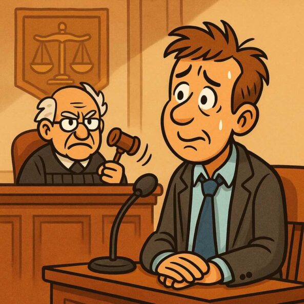Comic: Ein eingeschüchterter Unternehmer sitzt kleinlaut auf der Anklagebank, im Hintergrund blickt ein strenger Richter vom Richtertisch. Szene zur Brandschutzhelfer-Pflicht.