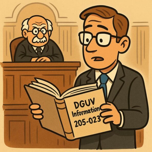 Comic: Der Verteidiger steht im Gerichtssaal und blättert in seinen Unterlagen, während Richter und Staatsanwalt im Hintergrund sitzen. Humorvolle Szene zur Brandschutzhelfer Pflicht.