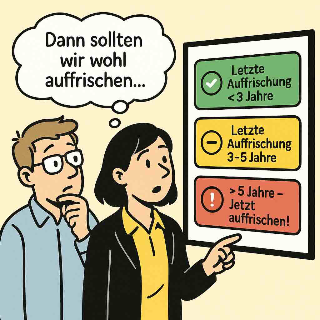 Comic: Brandschutzhelferin mit Teilnehmerzertifikat und Uhr – Hinweis auf Gültigkeit von Ausbildung und Zertifikat (2–5 Jahre, ASR A2.2 & DGUV 205-023, KI-generiert)
